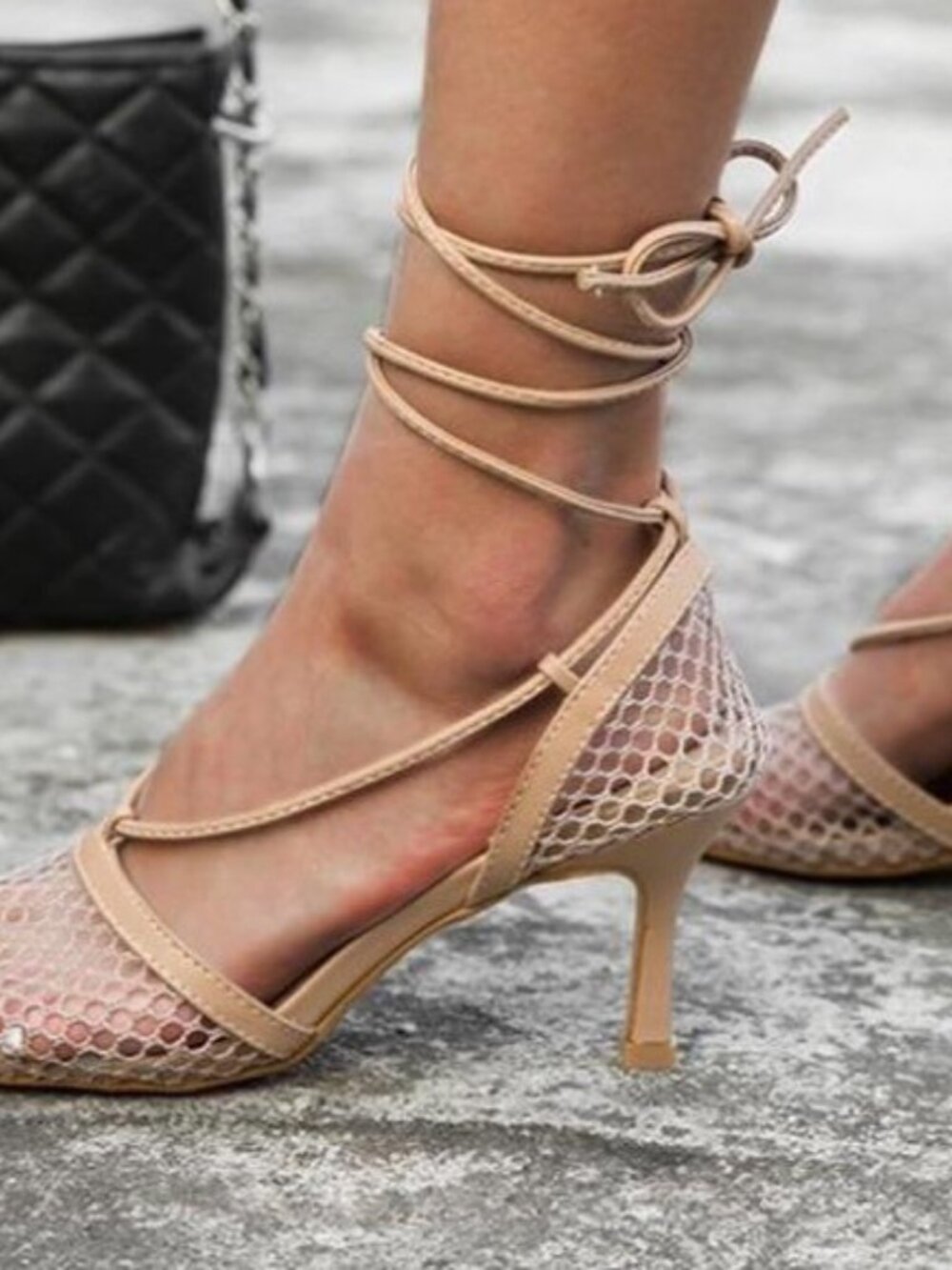 Mesh Lace-Up Square Toe Heels | Colors: Black, Red or Tan | Size 7.5-8
